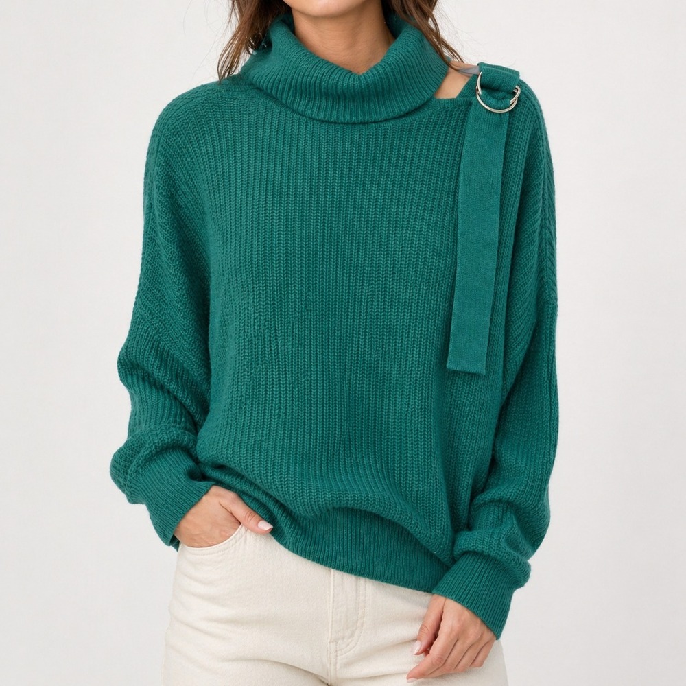 New York & Company Pullover Sweater Women's Large Teal Green Turtle Neck